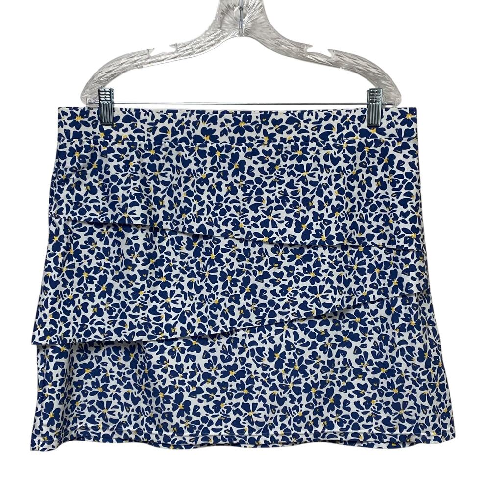 Susan Graver Tiered Floral Swim Skirt Women 18W Blue White Pull‑On Elastic Waist